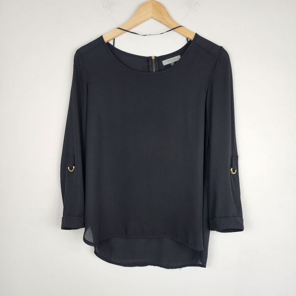 Apology London Black Top Blouse Back Gold Zip High-low Roll-tab Sleeve Size S - Picture 5 of 14